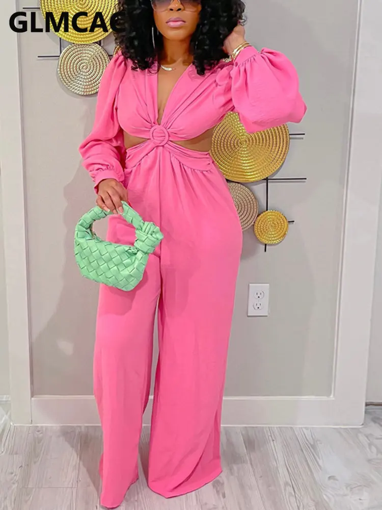 

Women Long Sleeve V Neck Open Back Jumpsuit Wide Leg Casual Overalls