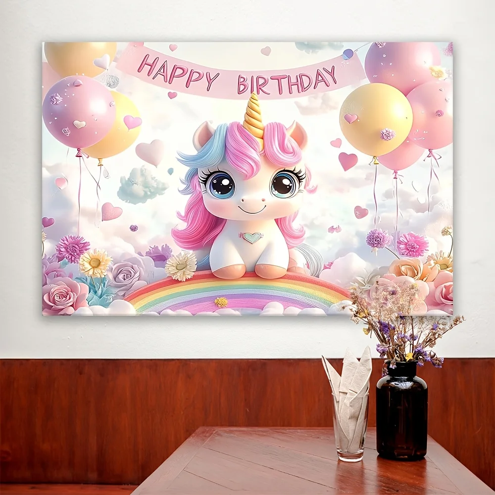 매력적인 핑크 유니콘 생일 배경 - 폴리에스터, 야외 축하 및 마법 같은 장식, 유니콘 생일 파티