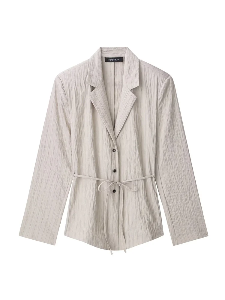 TFMLN New Women Blazer with Belt Lapel Long Sleeve Single Breasted Striped Leisure Jacket Spring Summer Chic OL Blazer Coats