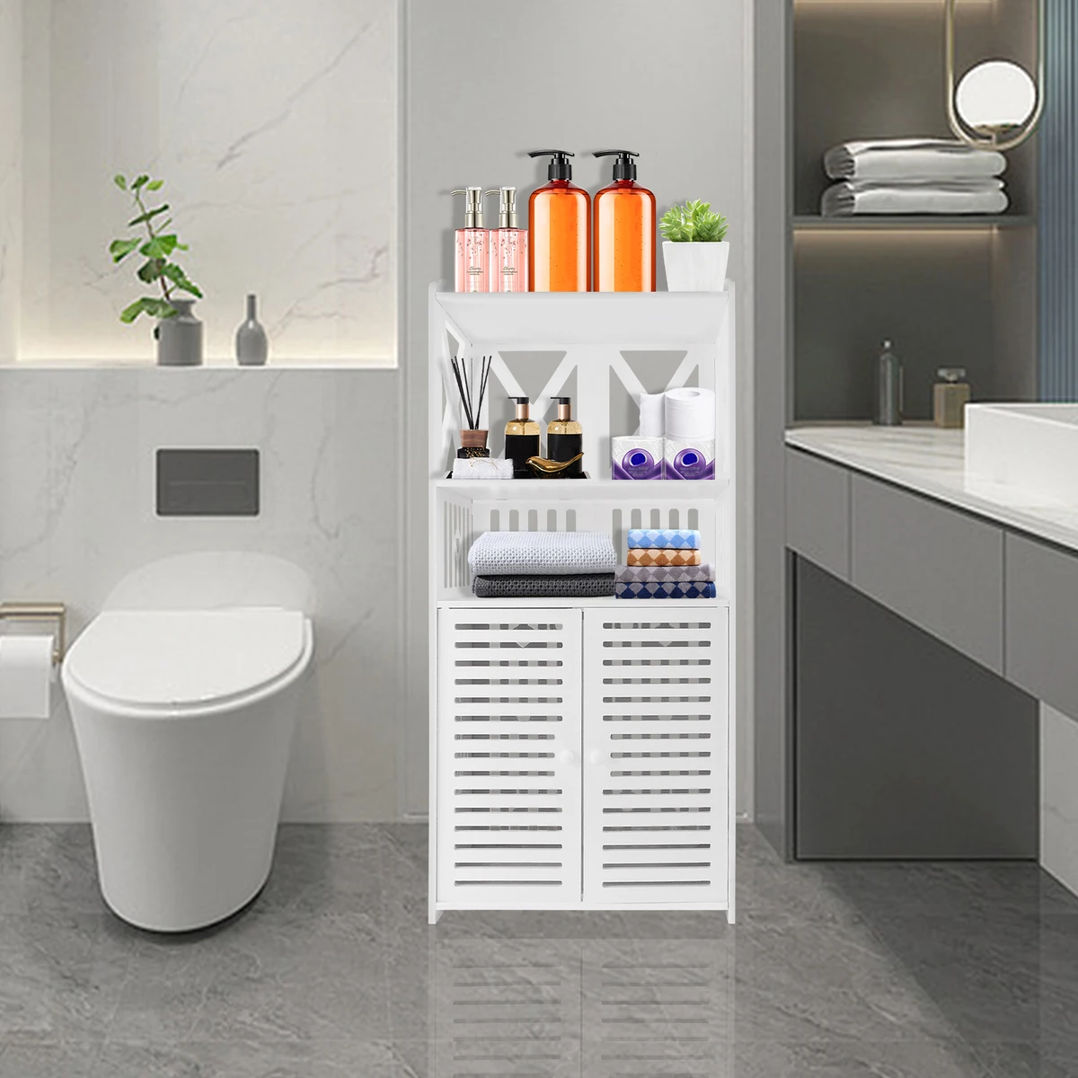 Bathroom Floor Cabinet,Waterproof FreeStanding Bathroom Storage Unit with Daily Use Layer and Cupboard Double Door,3 Tier PVC — view 3