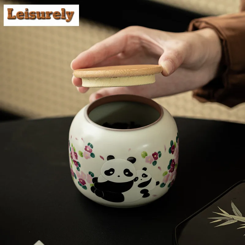 Ru Kiln Pig Oil Frozen Panda Tea Box Organizer Moisture-proof Aesthetic Storage Tank Containers Tea Caddy Tableware Ornaments