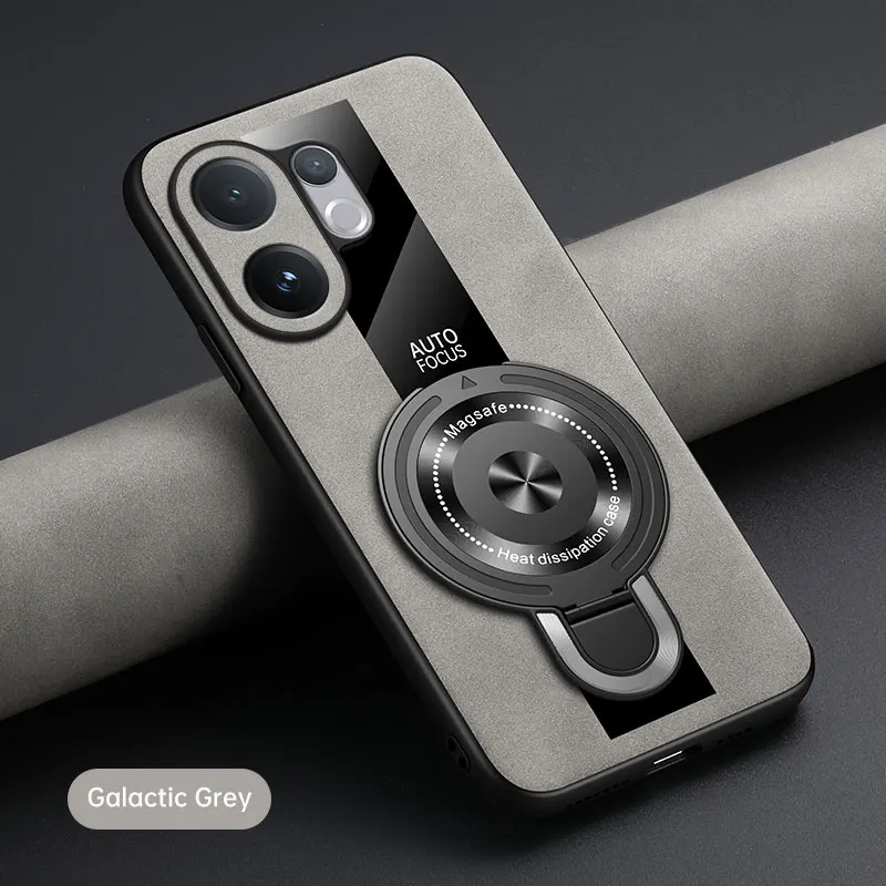 Luxury Shockproof Case with Magnetic Ring Holder and Leather Back Cover