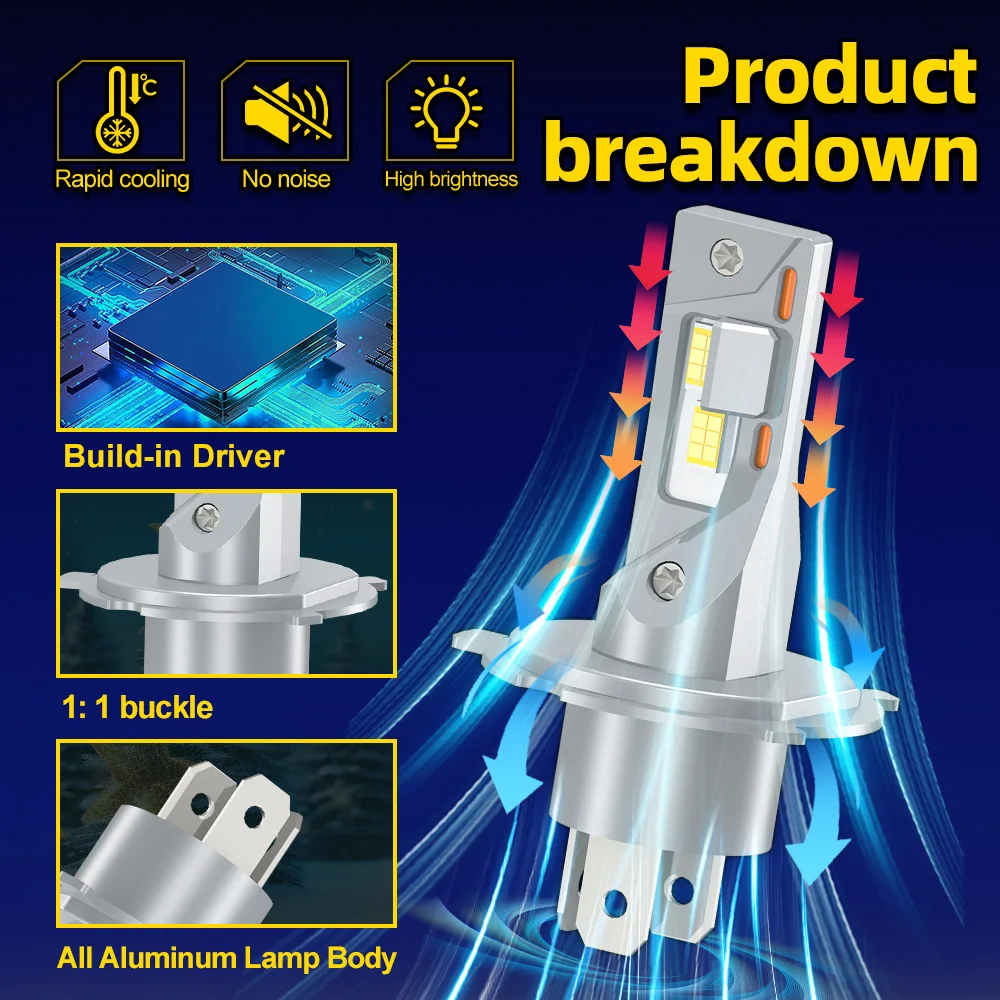 유니버설 H4 하이/로우 빔 LED 헤드라이트 전구 DC12V-24V 15000LM 팬 없음 고강도 헤드라이트 단일 구리 튜브