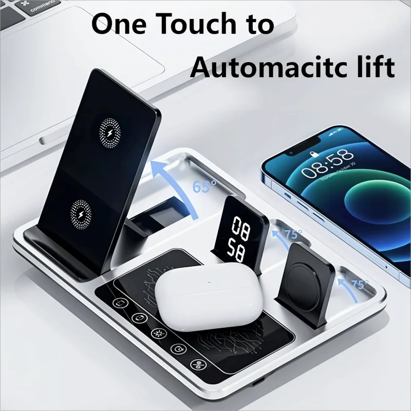 

Новинка 2024 Беспроводное зарядное устройство 30 Вт 3 + 1 один ключ для подъема вверх и вниз Складная станция быстрой зарядки для iPhone Samsung iWatch Airpods