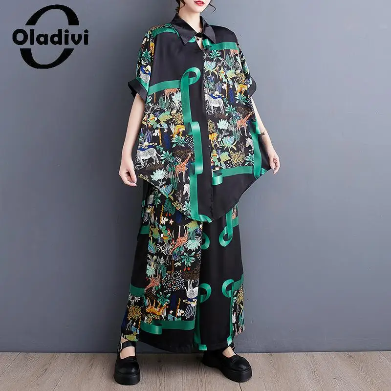 

Oladivi Oversized Women Clothing Fashion Printed Shirts Pants Two Pieces Sets 2023 Summer New Casual Loose 2 pcs Suits 4XL 3656