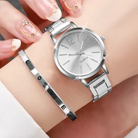 2PCS Women's Watch Fashion Gold Steel Band Quartz Wristwatch Opening Cuff Bracelet Set 3