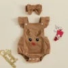 Infant Baby Boy Girl Christmas Overalls Rompers Lovely Snowman Reindeer Print Flying Sleeves Square Neck Romper with Headband
