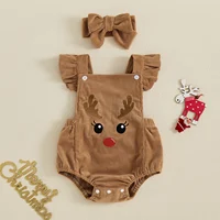Infant Baby Boy Girl Christmas Overalls Rompers Lovely Snowman Reindeer Print Flying Sleeves Square Neck Romper with Headband