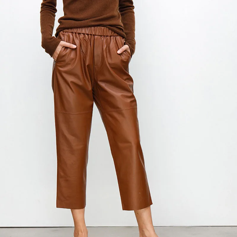 Genuine Leather Harem Pants Women Real Sheepskin Trousers High Elastic Waist 2024 New Streetwear Plus Size Pants Y2k Fashion