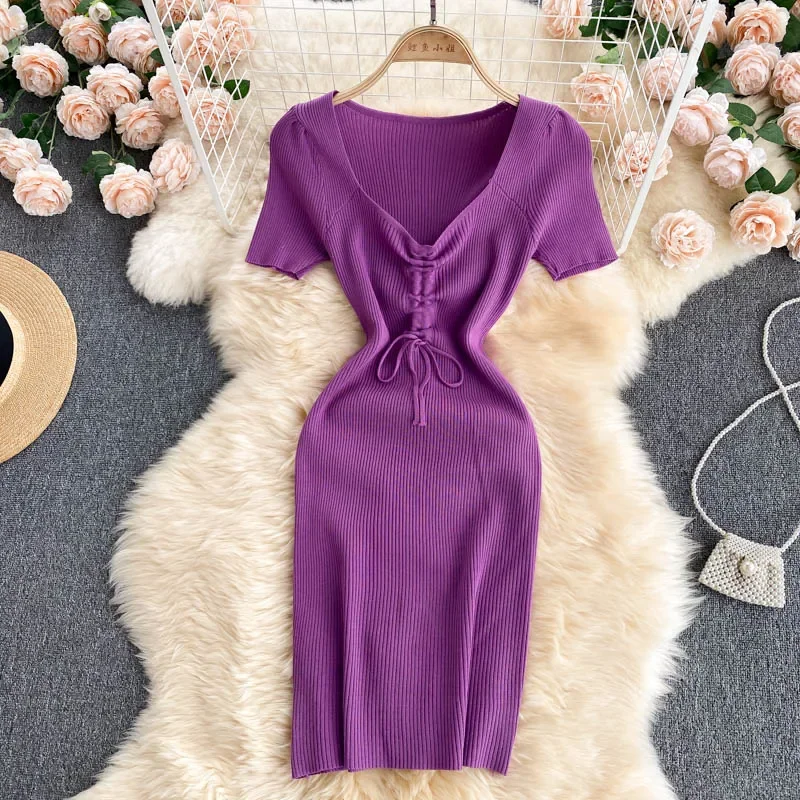 Women Korean Knitted Dress Design Drawstring V Neck Short Sleeve ...