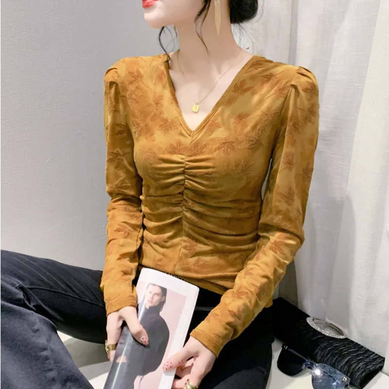 

#8795 Vintage Mesh Long Sleeve T Shirt Women V-neck Sexy Tight Stretch Short Office T Shirt Ladies Leaf Flocking Korean Style