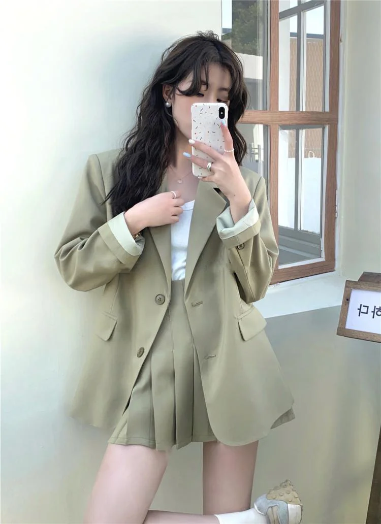 Korean Fashion Solid Two-piece Skirt Set Women Single Breasted Blazer Coat + Pleated Mini Skirt Autumn Office Lady Casual Suits