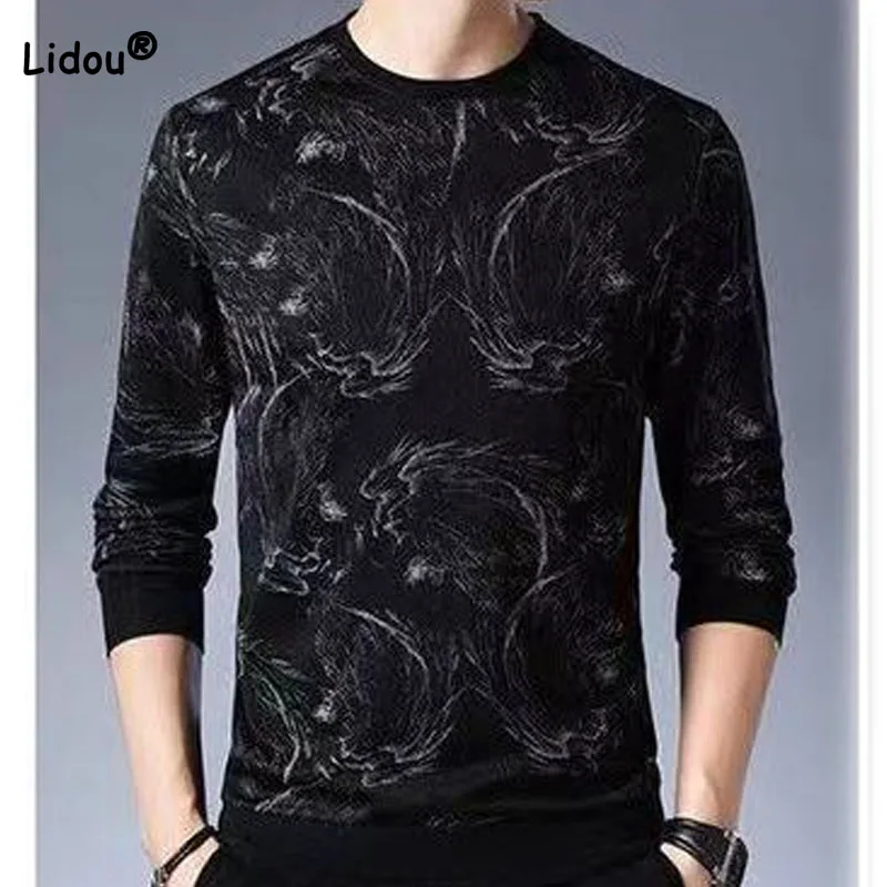 

Autumn Winter Men's Trend Thickening Printed Pullovers Tops Long Sleeve Fashionable Handsome Round Neck T-shirt Male Clothes