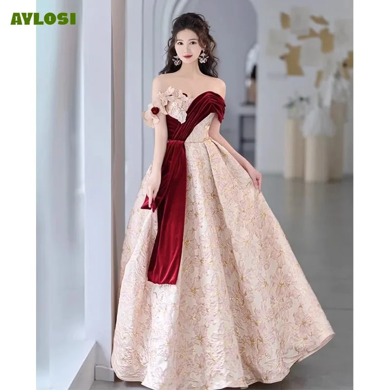 

AyLosi 2024 Wedding Party Dress for Women French Style Off-shoulder Vintage Vestidos De Mujer Elegantes Bridesmaid Maxi Dresses