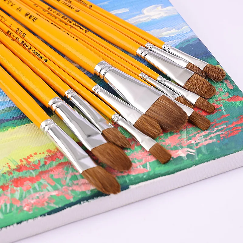 

12Pcs/Set Paintibrush Oil Paint Wolf Hair Water Color Flat Head Paint Brush Student Special Acrylic Gouache Drawing Art Brush