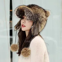 ICYMI New Fluffy Natural Raccoon Fur Bomber Hat Cat Ears Balls Trapper Hat Winter Warm Women Girls Outdoor Snow Earflap Hats 1