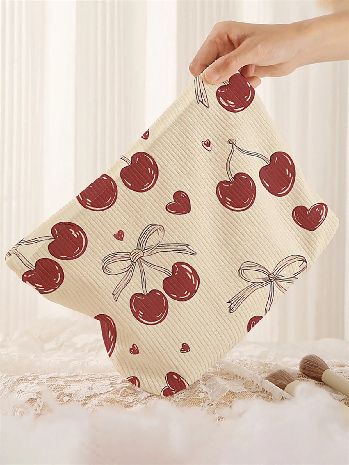 1 cherry patterned corduroy makeup bag, lightweight zipper makeup storage box, multifunctional bag with lining