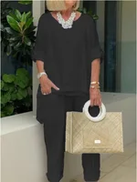 Casual Bleu Femmes Set Printemps Été Mode À Manches Longues O-Neck Loose Suit Femelle Vintage Poche Top Long Pants 2 Pièces Outfit 4