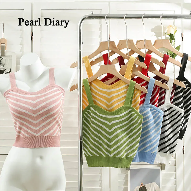 

Pearl Diary Women New Knitting Strappy Stripe Crop Top Summer Slim Fit Knitwear Camisole Sleeveless Tee Shirts Tank Camis Tops