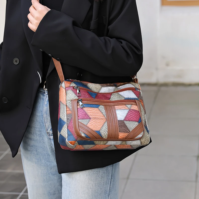 Colorful Patchwork Women Crossbody Bag Multi Zipper Casual Daily