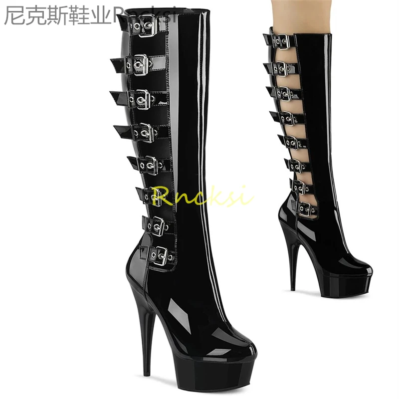 

15cm Waterproof platform high-heeled stiletto model side buckle with patent leather fashion shoes round head super high heels
