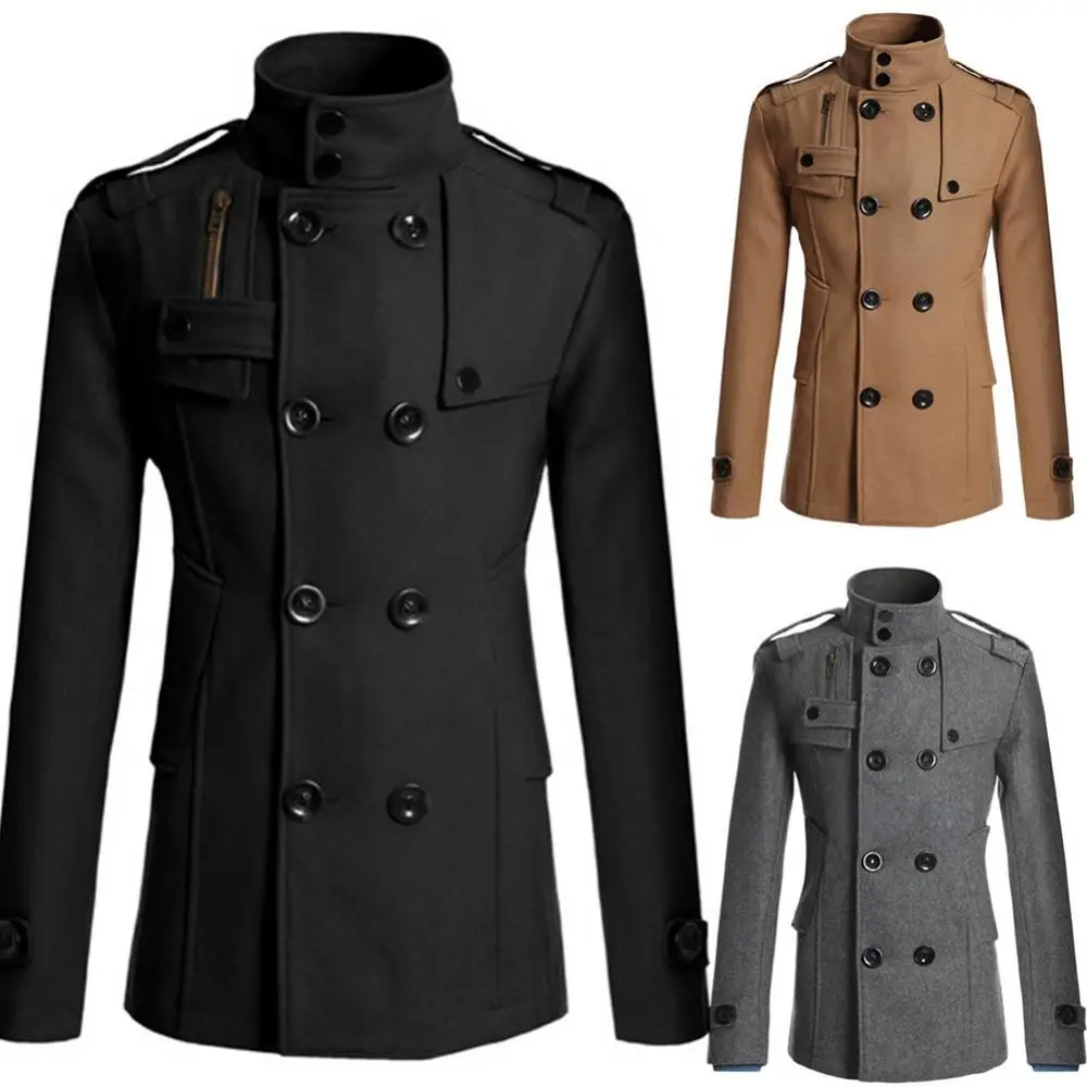 Slim Men Double-breasted Pockets Coat Long Sleeve Woolen Autumn Lapel Ele-choices M-3XL Autumn&Winter Collar Trench for Daily Wo