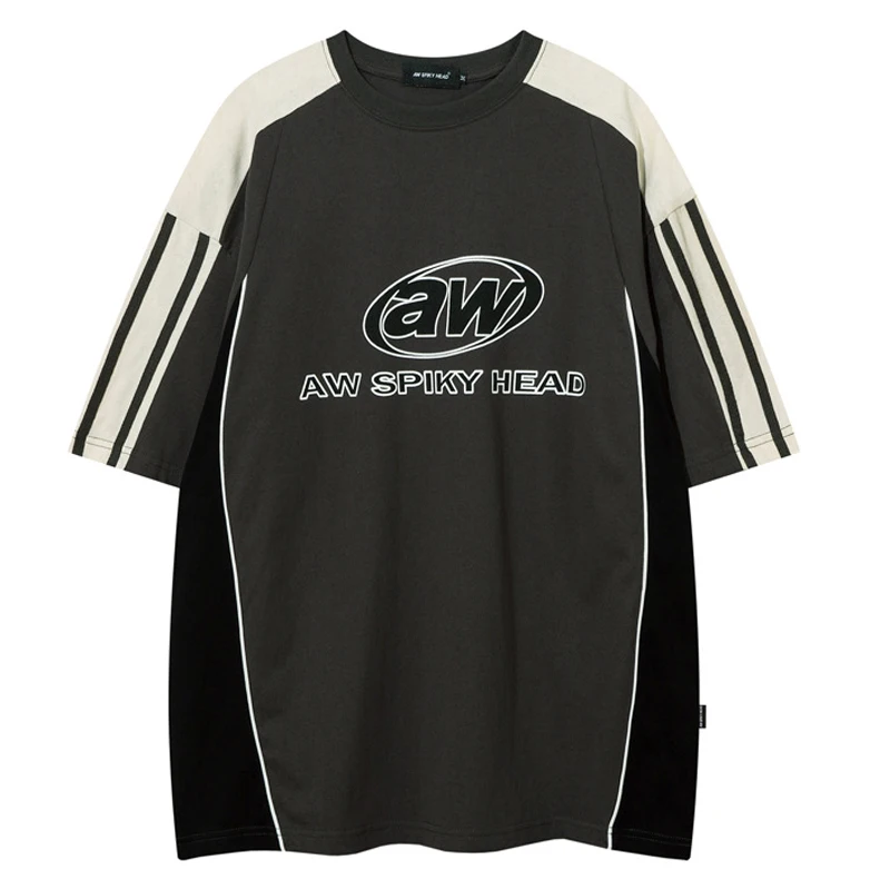 Letter Print Short Sleeve T-shirt Mens Summer Casual Crew Neck Contrast Paneled Cotton Loose Tee Couple Streetwear_voghion.com