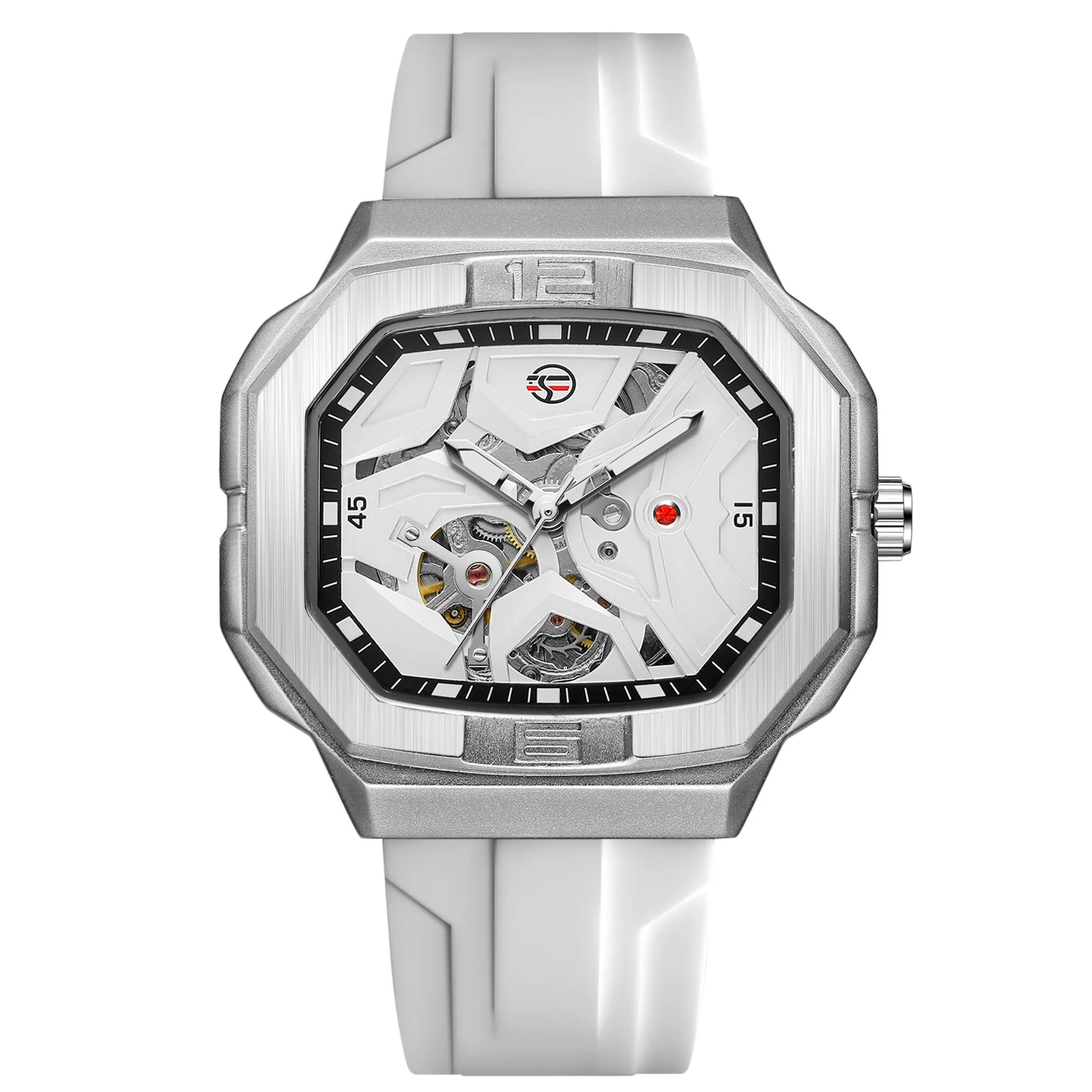 2024 FORSINING Square Skeleton Mechanische Echte Herrenuhr Automatisches Uhrwerk Weiße Sport Wasserdichte Luxus-Männeruhren_voghion.com