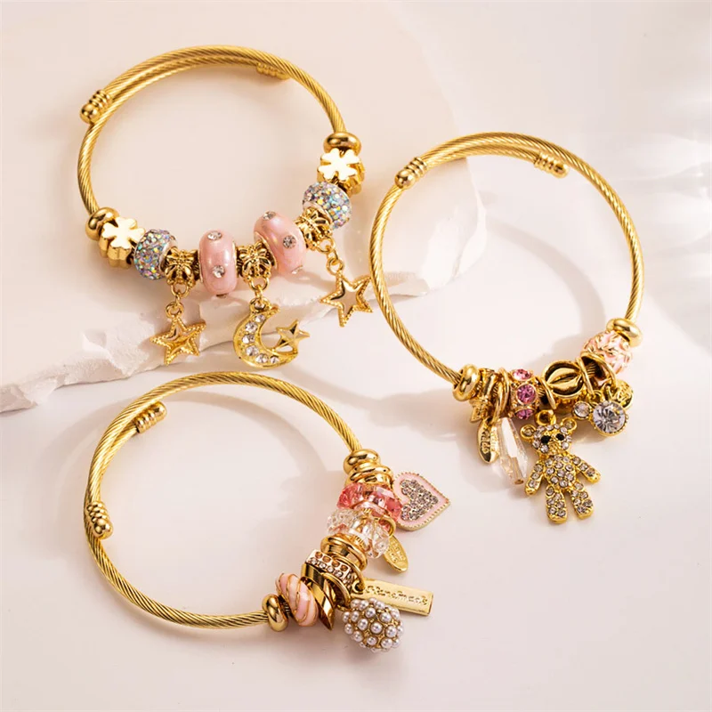

DIY Pandora Stainless Steel Bracelet Zircon Bear Love Pendant Bracelet Open Adjustable Bracelet for Women Girls Fashion Jewelry