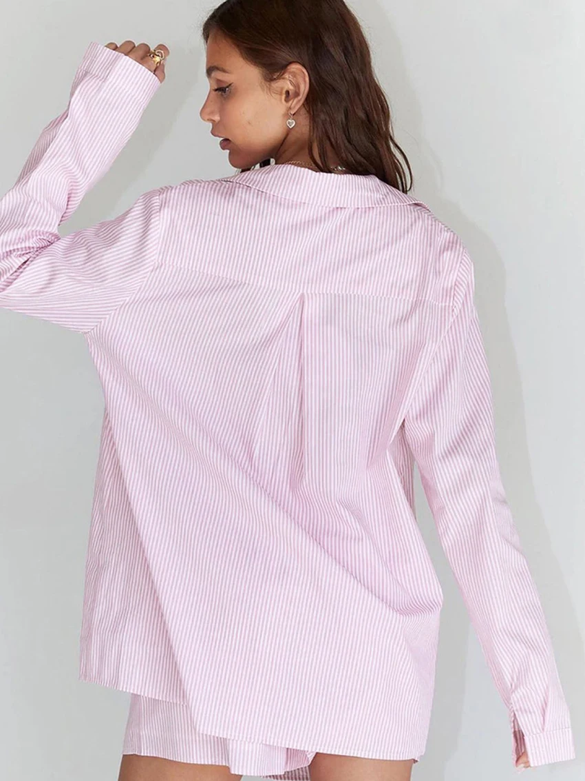 Marthaqiqi Casual Women Nightgowns 2 Piece Set Turn-Down Collar Nightwear Long Sleeve Pajamas Shorts Loose Ladies Sleepwear Suit