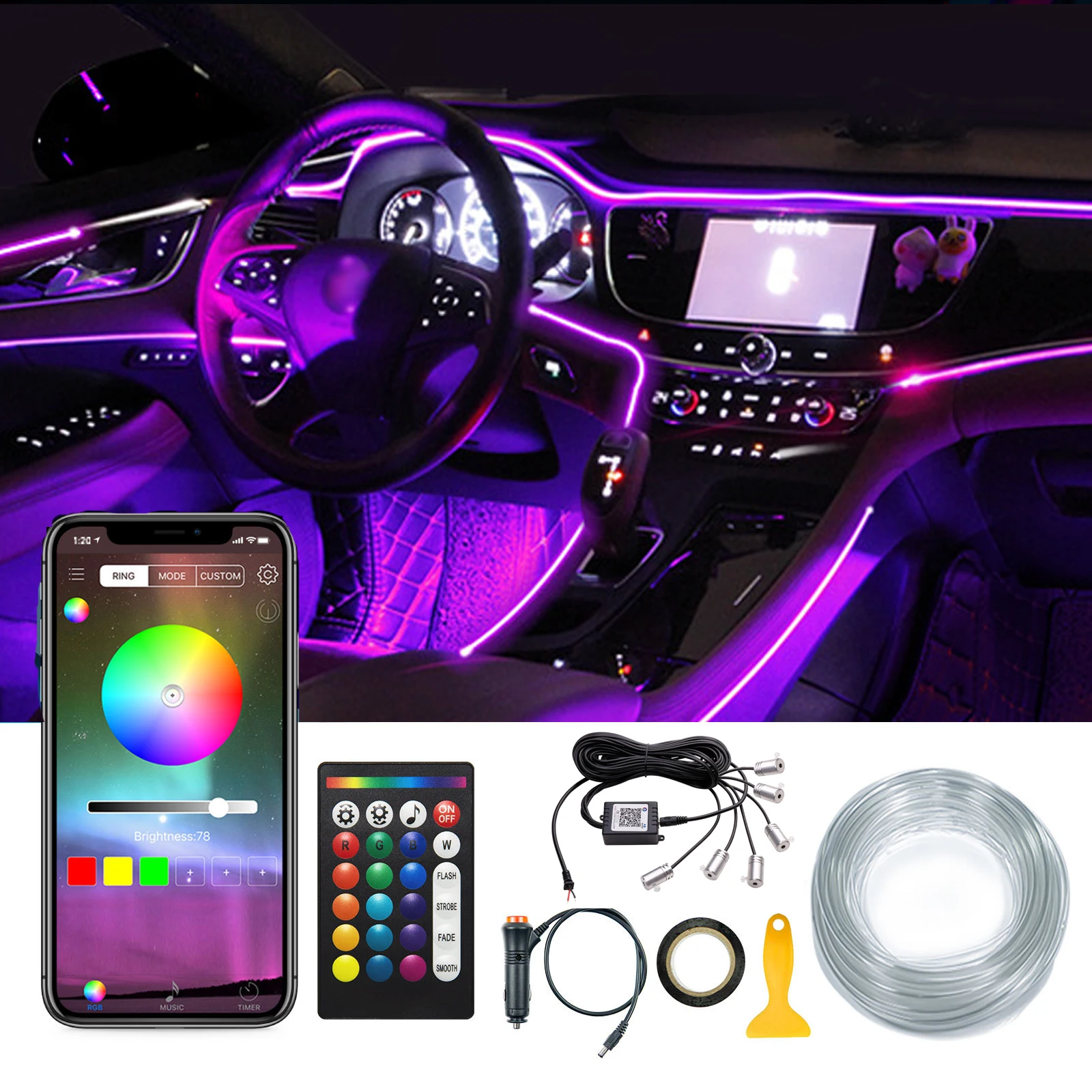 6 In 1 Rgb Led 8m Fiber Optic Band Atmosphere Car Light Interior