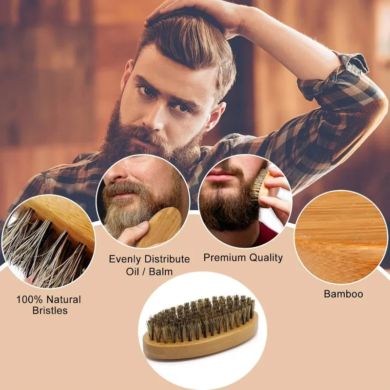 Shaving Brush Men's Boar Bristle Portable Barber Natural Beard Brush Comb Scissors Facial Cleaning Styling Tool