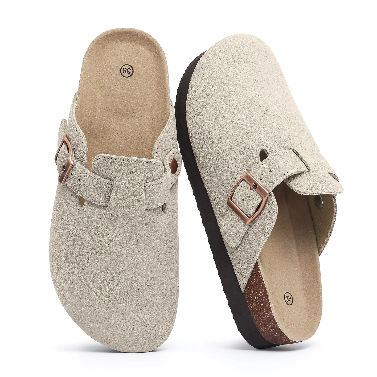 Women's Leather Mules Suede Clogs With Adjustable Strap Cork Sole_voghion.com