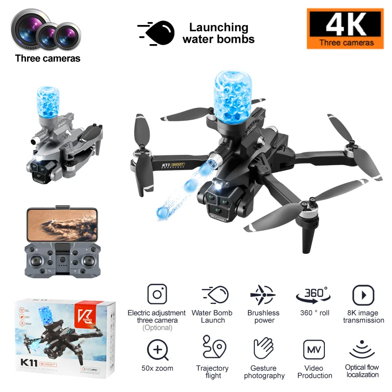K11MAX 전문 발사 물 폭탄, 4K HD 카메라, 공중 와이파이, FPV360 ° 스턴트 텀블링, 브러시리스 모터, RC 헬리콥터 장난감 선물
