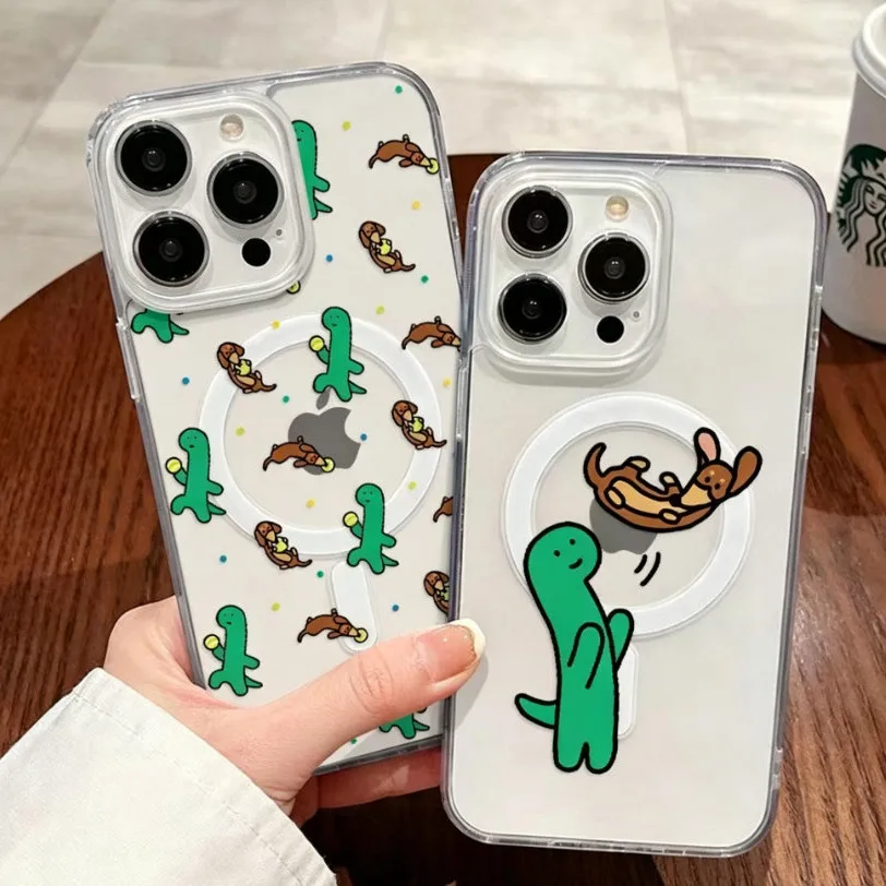 Playful Dinosaur and Sausage Dog MagSafe Magnetic Phone Case - Cute Cartoon Design Cover