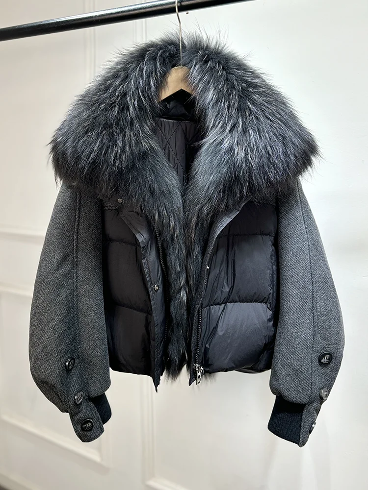 Lagabogy 2026 Natural Real Fur Collar Down Coat Women Thick Puffer Jacket Autumn Winter Loose Patchwork Sleeves Female Parkas