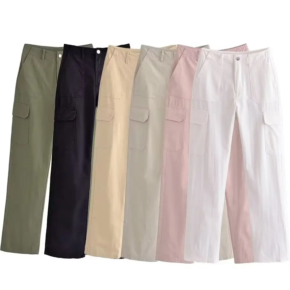

Women 2023 New Fashion Flip pocket decoration Straight casual Cargo Pants Vintage High Waist Zipper Female Trousers Mujer
