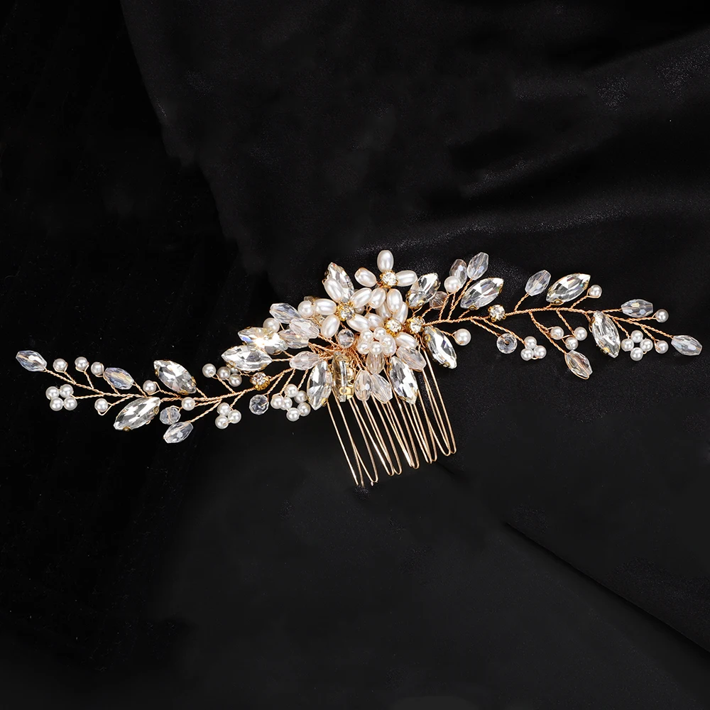 Fashion Silver Gold Rhinestone Pearl Bridal Hair Comb Handmade Crystal Wedding Hair Accessories Headpiece for Women Party Tiaras Hair Accessories Bridal Hair Accessories