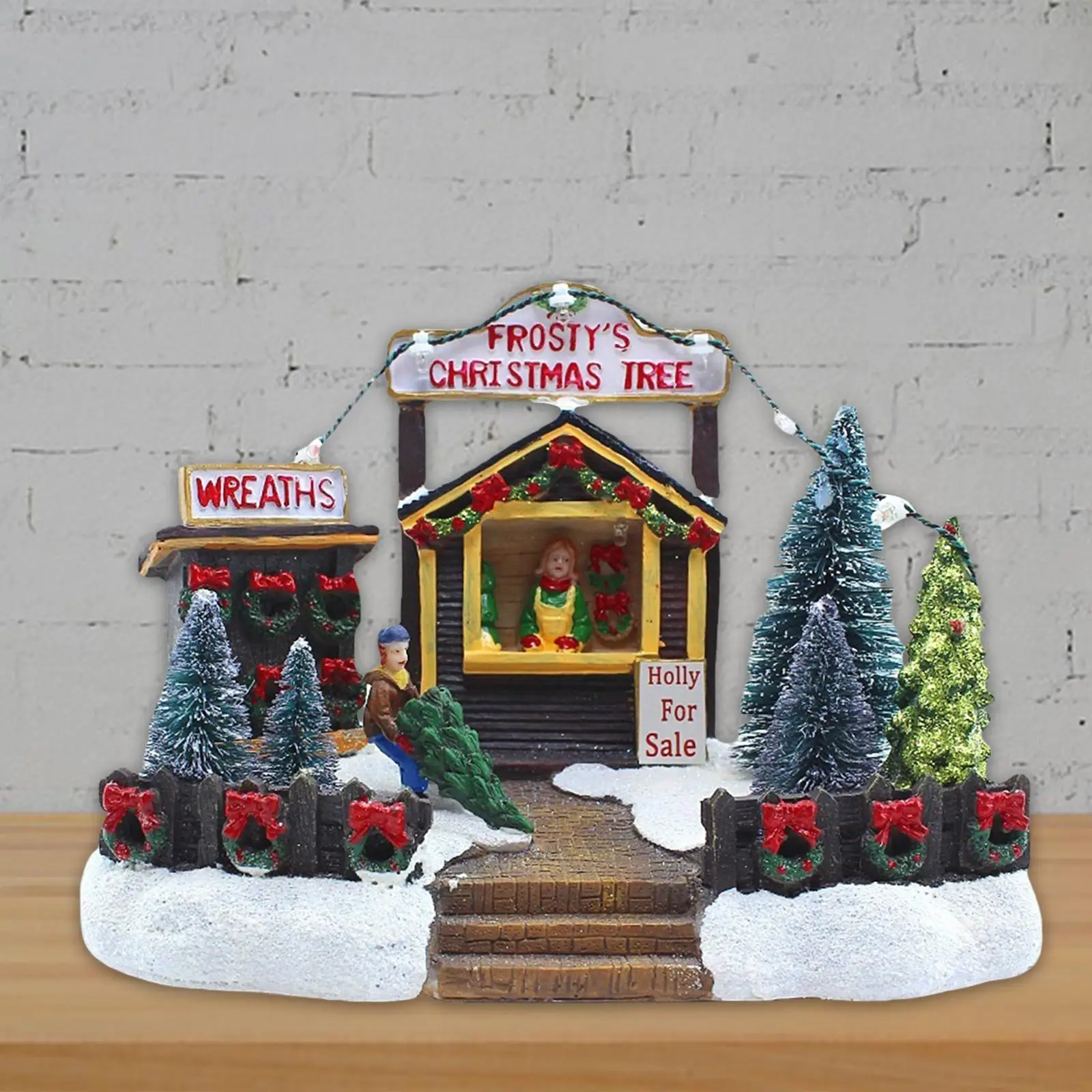 

Christmas Village Figurine LED Lights Small Store Christmas House Luminous Landscape Figurines Resin Desktop Ornament