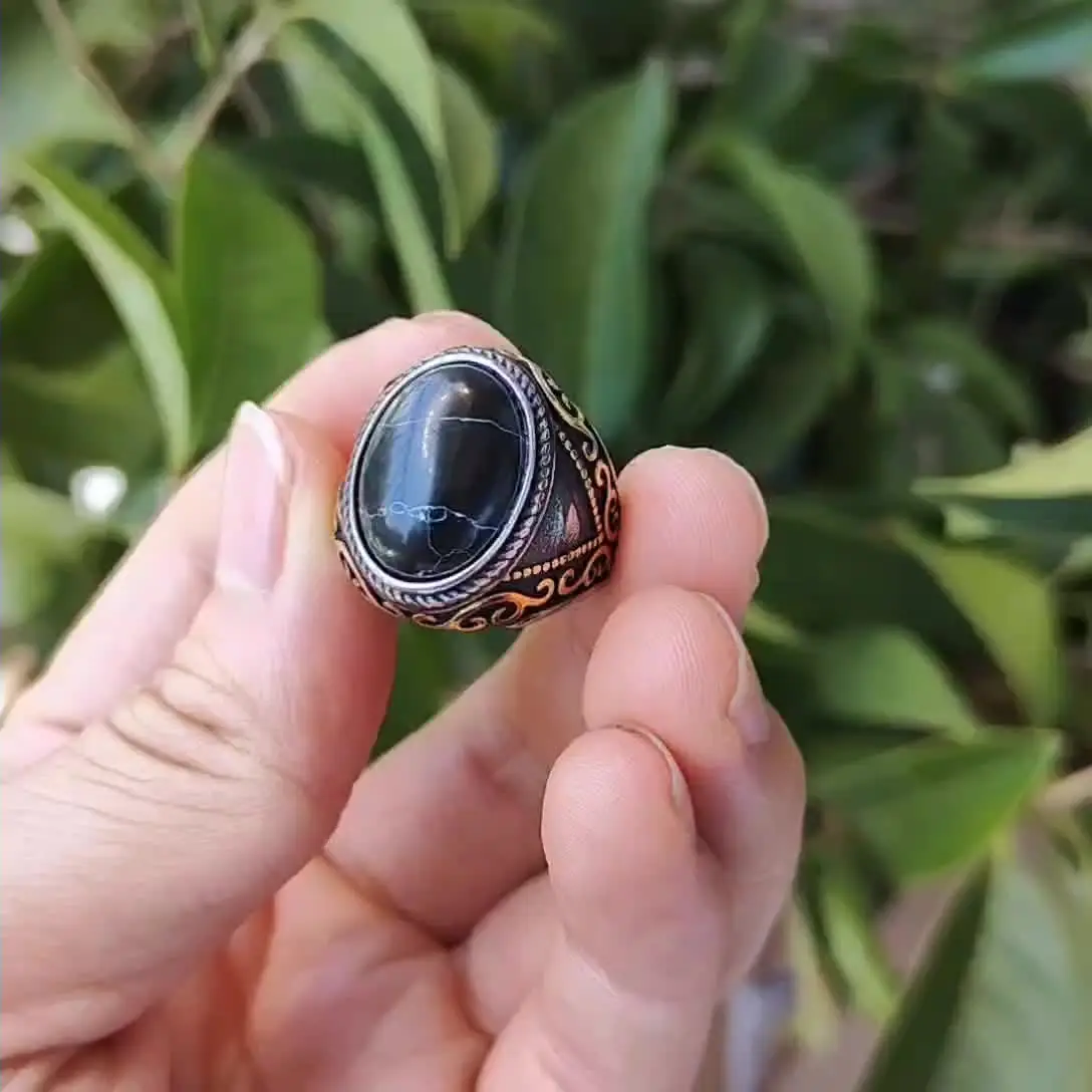 Vintage Handmade Turkish Black Zircon Rings Retro Men