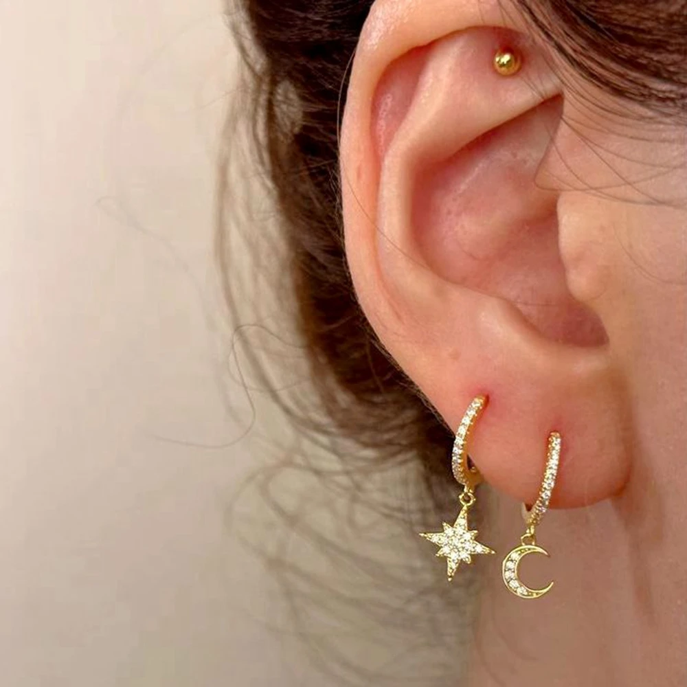925 Sterling Silver Needle New Star/Moon Small Hoop Earrings for Women Exquisite Crystal Pendant Earrings Fashion Jewelry Gift