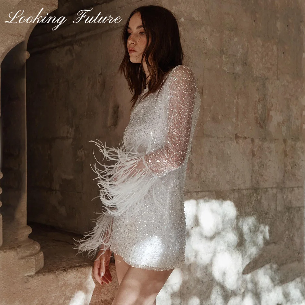 Luxury Glitter Sheath Short Wedding Dress For women Long Sleeves with Fur O-neck Bridal Gowns Shiny Sequin Vestido de Novia 2024 9 S9b8ffc06d4c9429982241a84e8504b64d