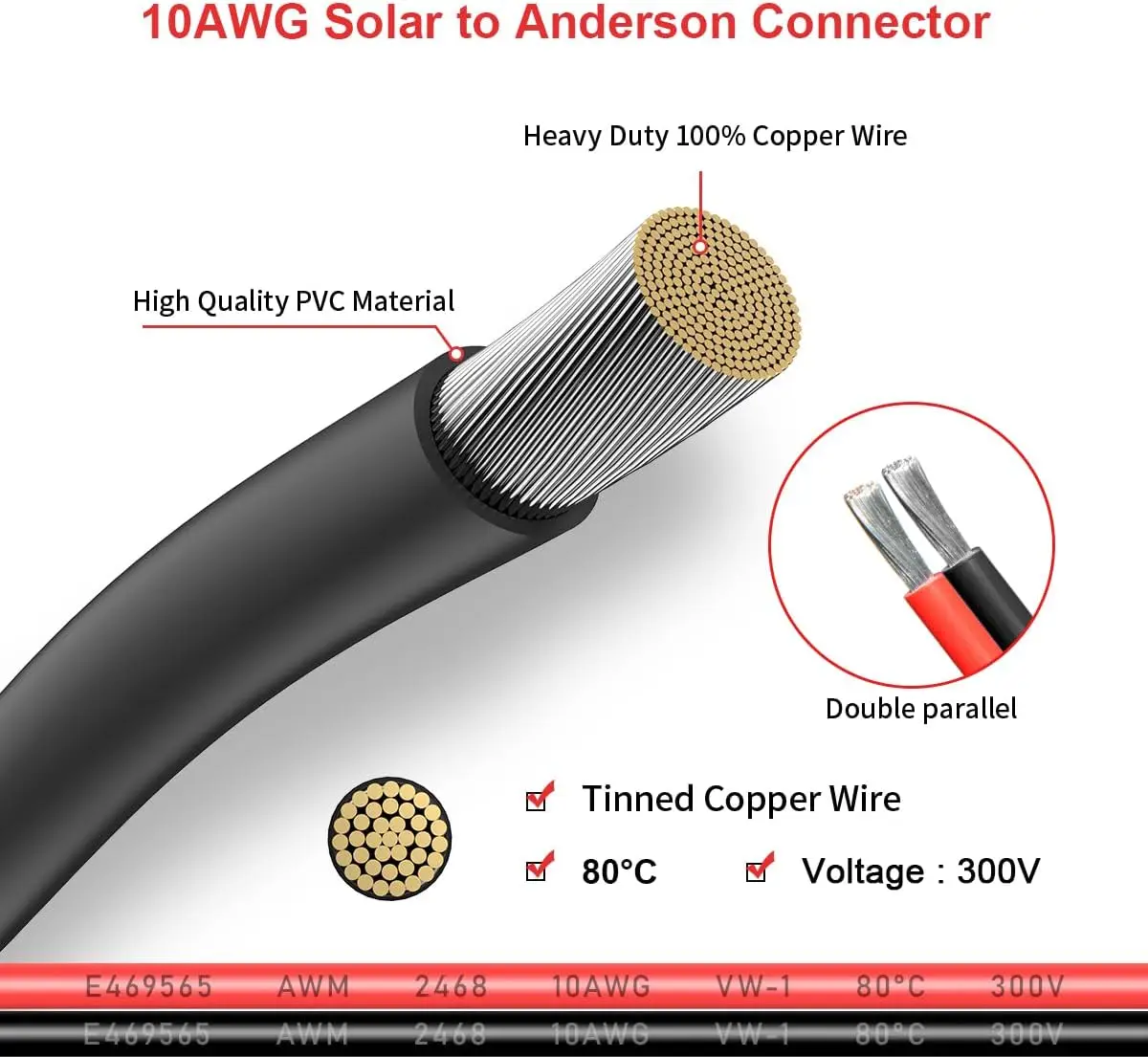 10AWG 2피트(60cm) 태양광 패널 케이블 - 앤더슨 커넥터 2, 6, 10, 20, 35, 50피트(180cm) 휴대용 발전소/태양광 발전기용 태양광 연장 케이블