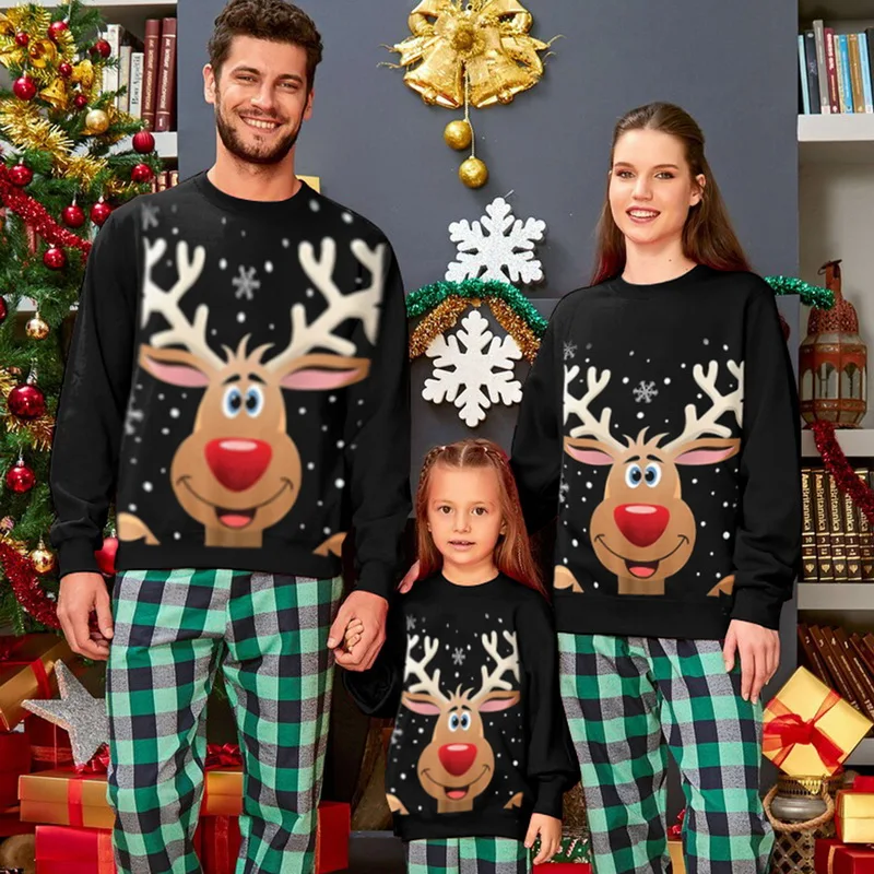 Christmas Family Matching Outfits Sweatshirts Pullovers 3d Cartoon Reindeer Print Matching Hoodies O-Neck Fleece Tops