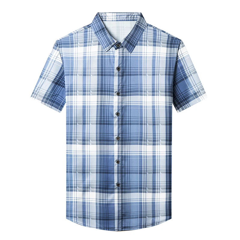 New Men's Fashion Mulberry Silk Clothes Summer Patchowork Stripes Poplin Shirt Male Soft Silk Dress Shirts Short Sleeved