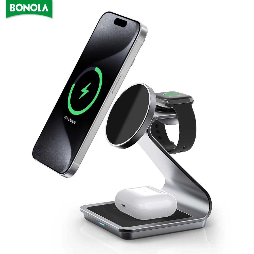 Bonola Metal Magnetic 3 In 1 Caricabatterie Wireless Per Apple Watch Ultra/Airpods Pro Charger Dock Station Per Iphone 15Pro 14/13/12