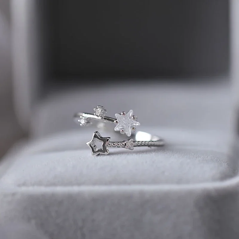 Korean Five Pointed Star Rings Women Simple Zircon Cross Opening Adjustable Finger Rings Jewelry Party Gift