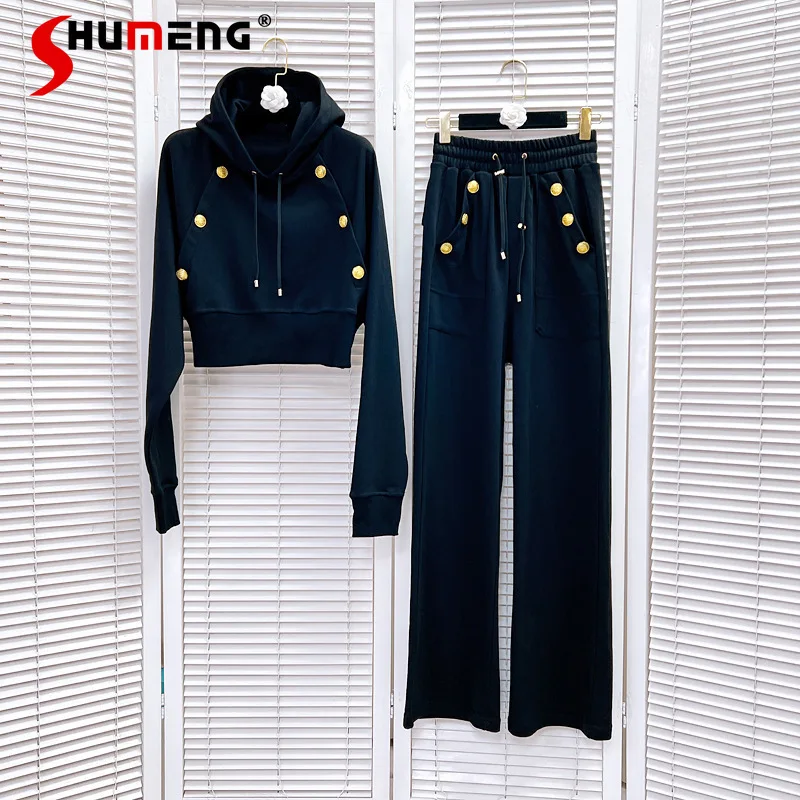 European And American Style Autumn Clothes A Set Of Casual Sportswear Lively Black Color Hoodie Trousers Two-Piece Suit Outfits