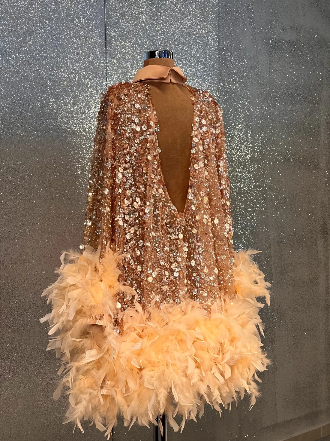 Champagne Cocktail Dresses Sheath Long Sleeves Short Mini Sequins Feather Homecoming Dresses Haute Couture Customized