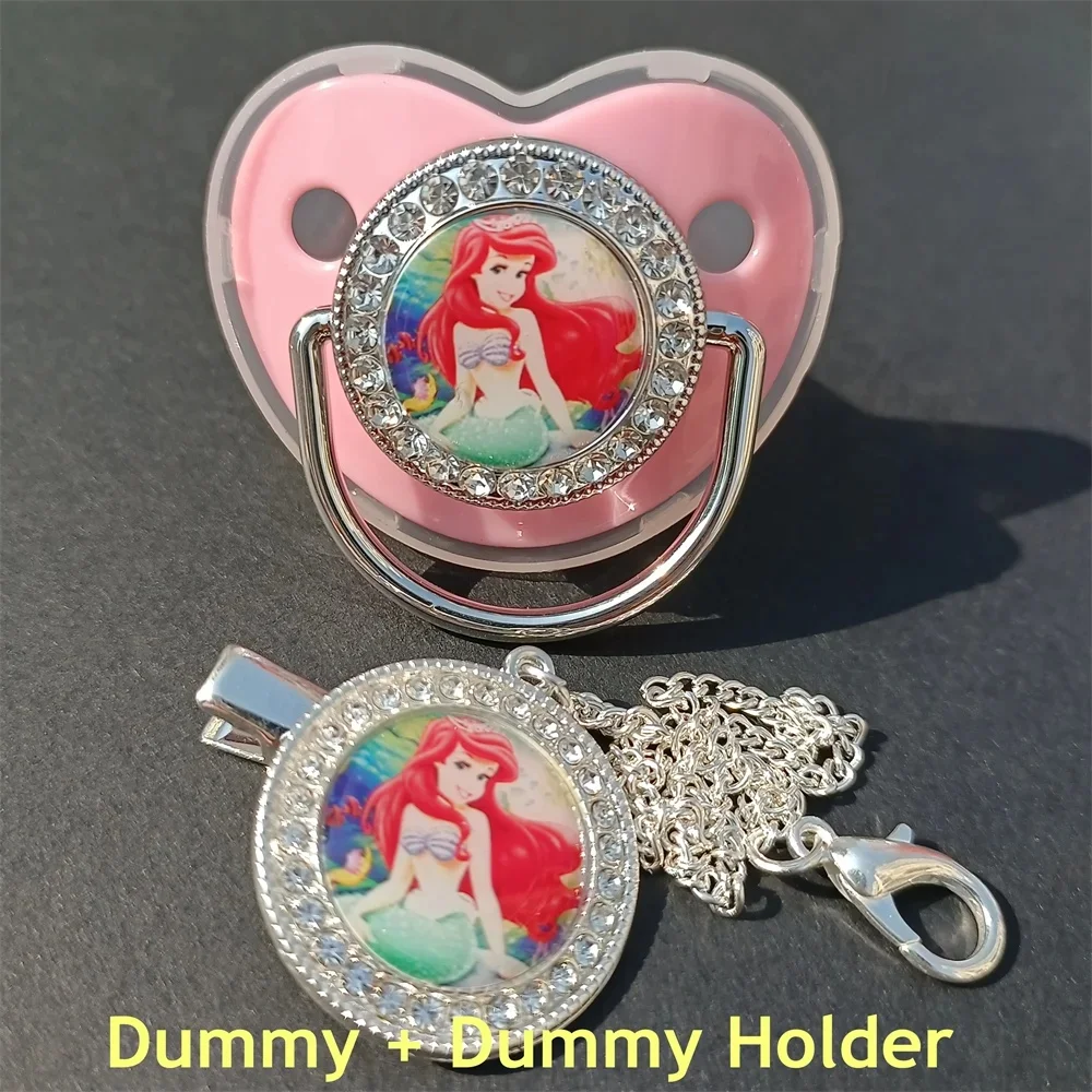 [Anime Princess Print Feeding Pacifier] 2024 Disney Diamond shaped baby pacifier with chain cover baby cord bpa Bling fake 0-18M 5